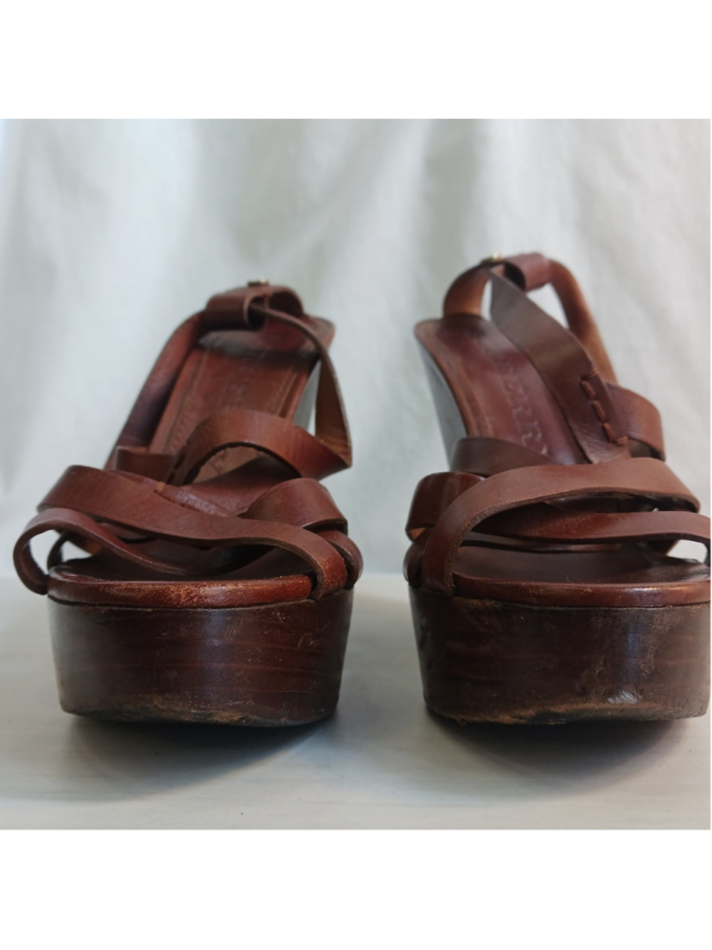 Burberry Delamer Brown Leather Strappy Wedge Heels Women's 8 Boho Fancy * Read* - Picture 2 of 12